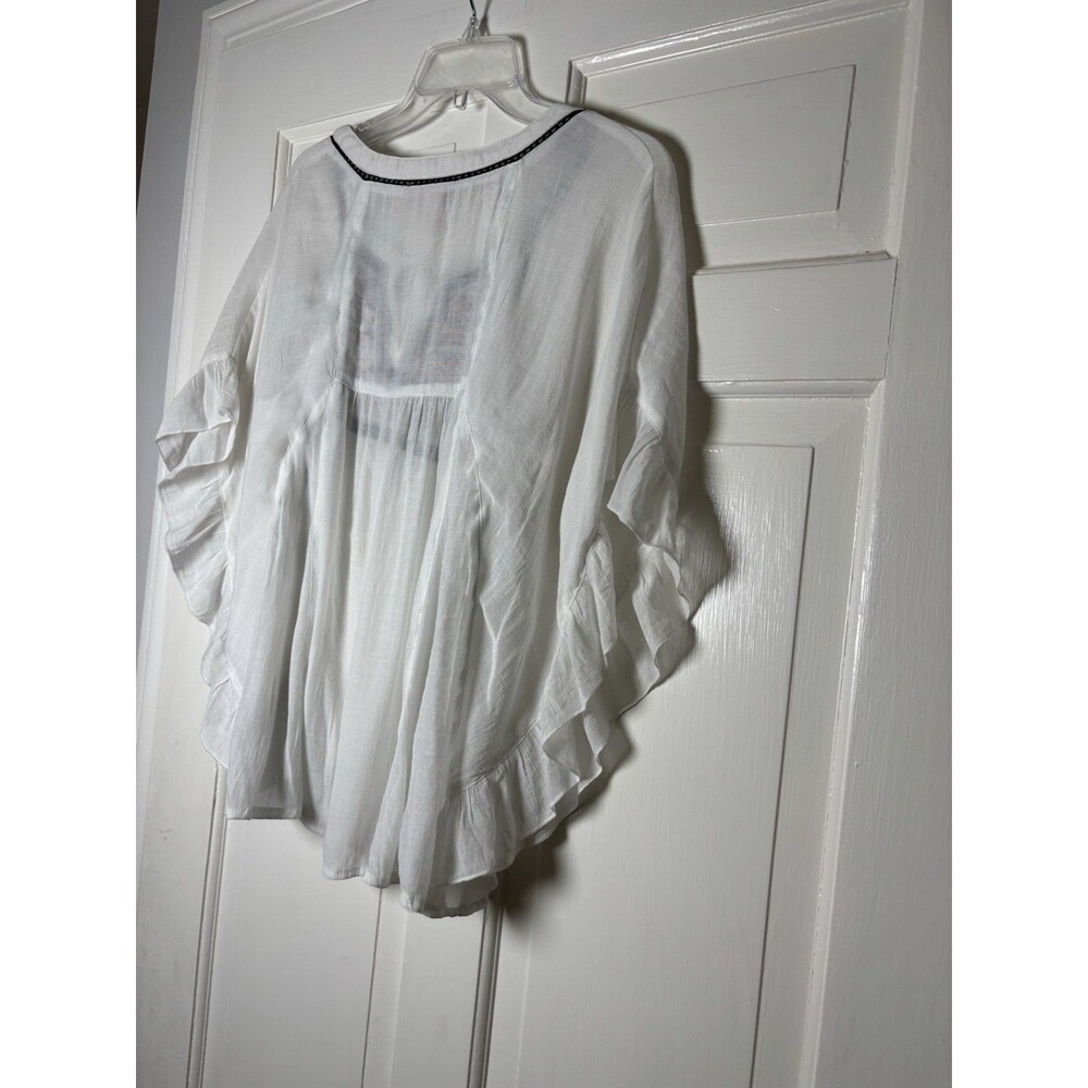 Forever 21 Women's M Boho Aztec Print Embroidered Top White Pancho Blouse - Picture 6 of 8